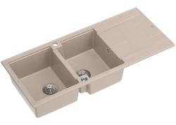 Quadri Luton päälle asennettava kaksinkertainen graniittiallas helmi beige väri, jossa tippa-alue 116x50 cm ja ruostumattomasta teräksestä valmistettu tulppa 1208971812.