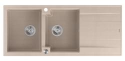 Quadri Luton päälle asennettava kaksinkertainen graniittiallas helmi beige väri, jossa tippa-alue 116x50 cm ja ruostumattomasta teräksestä valmistettu tulppa 1208971812.