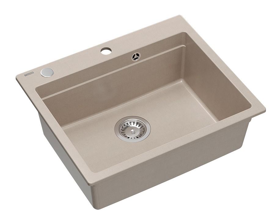 Quadri Durham Pearl Beige graniitti päälle asennettava tiskiallas 595x500, jossa on saippua-annostelija, leikkuulauta, upotettava allas ja rullattava matto 1208971814 - Productafbeelding 3