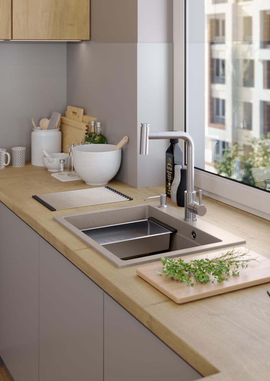 Quadri Durham Pearl Beige graniitti päälle asennettava tiskiallas 595x500, jossa on saippua-annostelija, leikkuulauta, upotettava allas ja rullattava matto 1208971814 - Productafbeelding 4