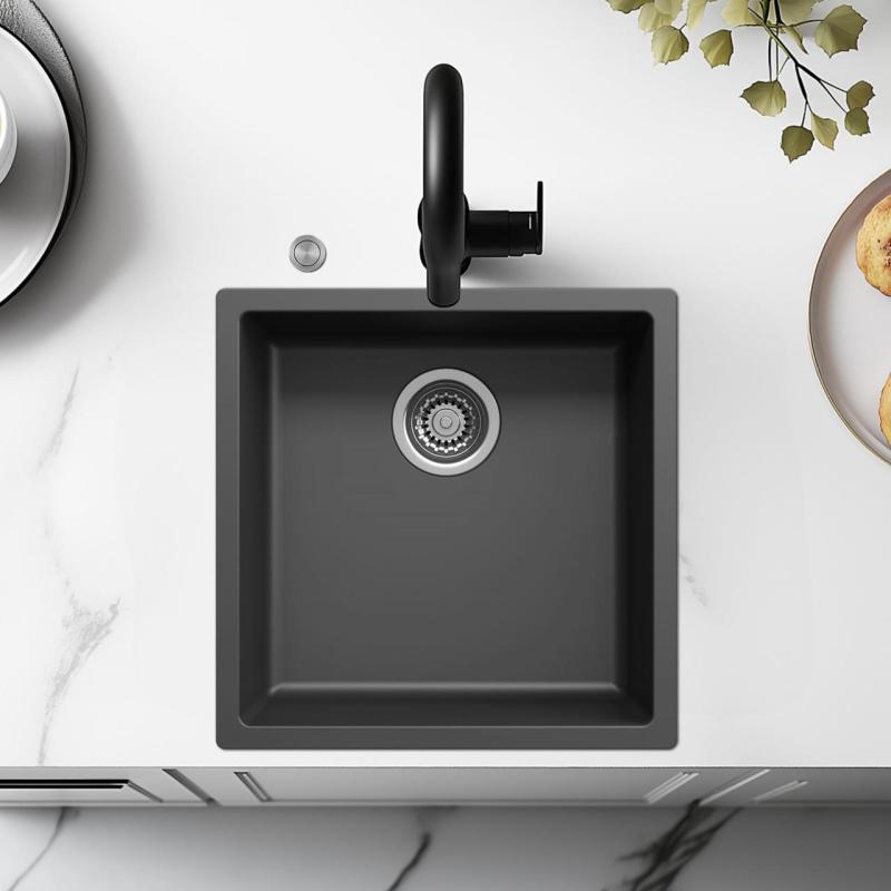 Ausmann Fibre musta allas 40x40cm ala-, päälle- ja tasoon upotettava automaattisella RST-tulpalla 1208971836