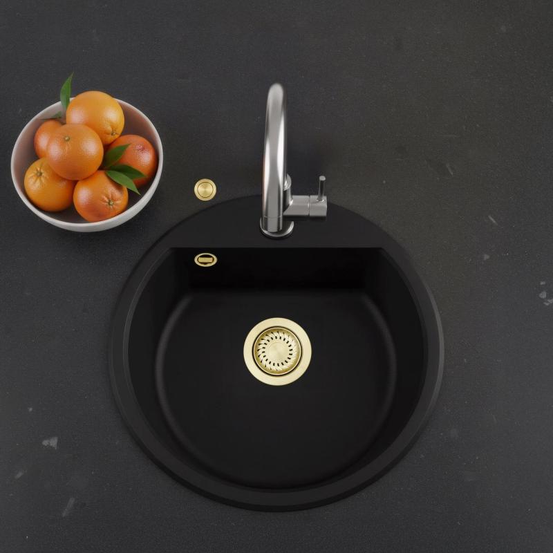 GraniteMy Bremen round granite sink 43 cm black, surface mounted and under mounted, with tap hole bench and automatic gold plug 1208971843