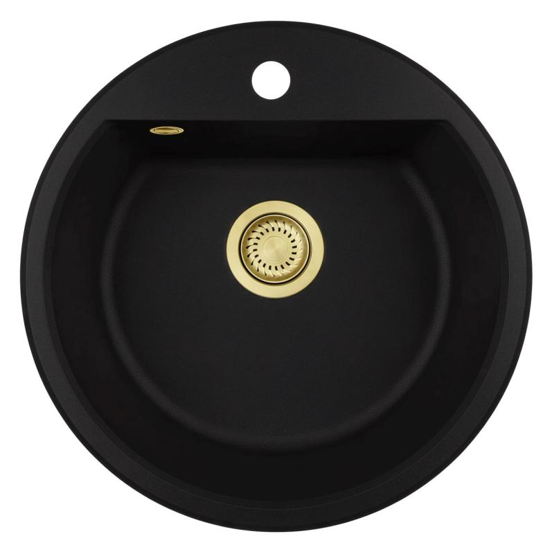 GraniteMy Bremen round granite sink 43 cm black, surface mounted and under mounted, with tap hole bench and automatic gold plug 1208971843
