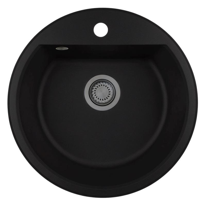 GraniteMy Bremen round granite sink 43 cm black, top mount and undermount, with faucet hole and automatic gun metal plug 1208971844