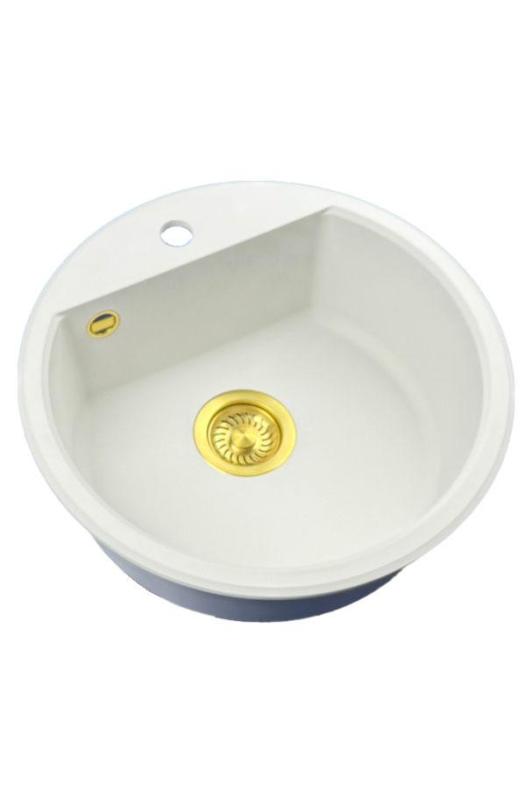 GraniteMy Bremen round granite sink 43 cm white, top mount and undermount, with faucet hole bench and automatic gold plug 1208971848