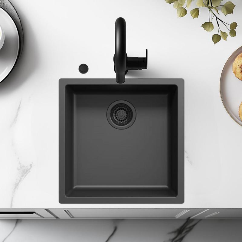 Ausmann Fibre black sink 40x40cm undermount, topmount and flushmount with automatic black plug 1208971851