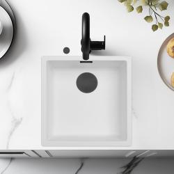 Ausmann Fibre valkoinen tiskiallas 40x40cm ala-, päälle- ja tasoon upotettava, automaattisella mustalla tulppalla 1208971892