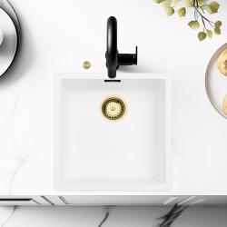 Ausmann Fibre valkoinen tiskiallas 40x40cm alapuolelle, päälle ja tasoon asennettava automaattisella kultaisella tulppalla 1208971894