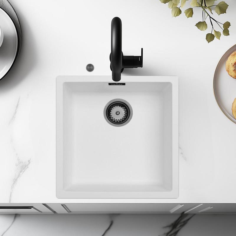 Ausmann Fibre valkoinen tiskiallas 40x40cm ala-, päälle- ja tasoon upotettava automaattisella gun metal -tulppalla 1208971895