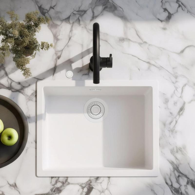 Ausmann Fiber valkoinen tiskiallas 50x40cm alapuoli, päälle asennus ja tasoon upotus automaattisella valkoisella tulppalla 1208971903