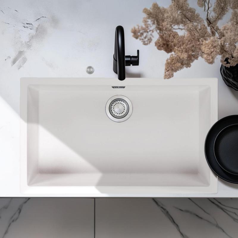 Ausmann Fibre white large sink 70x40cm undermount, topmount and flushmount with automatic stainless steel plug 1208971904