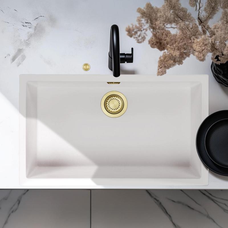 Ausmann Fibre valkoinen suuri altaan 70x40cm alapuoli, päälle ja tasoon asennettava automaattisella kultaisella tulppalla 1208971907