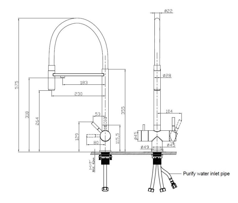 Pure.Sink Elite Steel Flex 3-tie ruostumaton teräskeittiöhana joustavalla ulostulolla ja suodatetulla vedellä PS8110-02