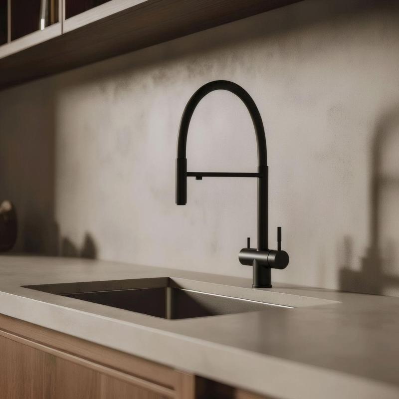 Pure.Sink Elite Steel Flex 3-tie Matta musta keittiöhana joustavalla ulostulolla ja suodatetulla vedellä PS8110-10