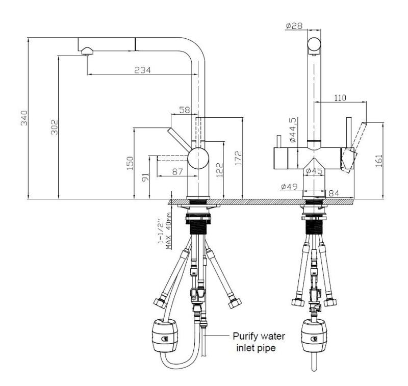Pure.Sink Elite Steel Clear-S PVD harjattu kulta 3-tie keittiöhana vedettävällä suihkulla ja suodatetulla vedellä PS8120-60