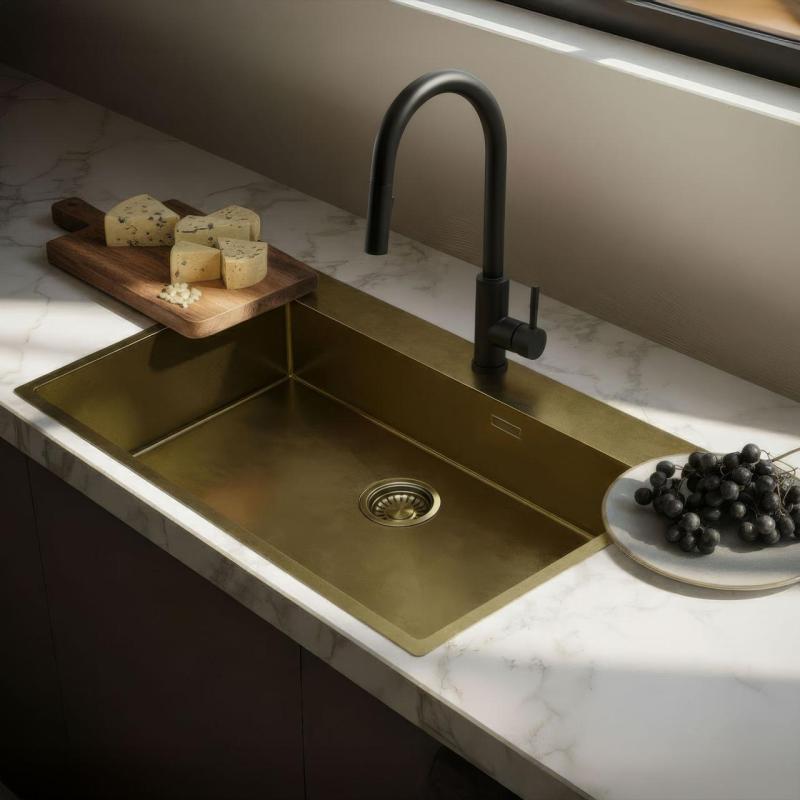 Pure.Sink Luxion Suuri PVD-antiikkipronssinen pesuallas 78x50 cm Tapwing, hanankolo ja pohjarakenne PLX7850T-64