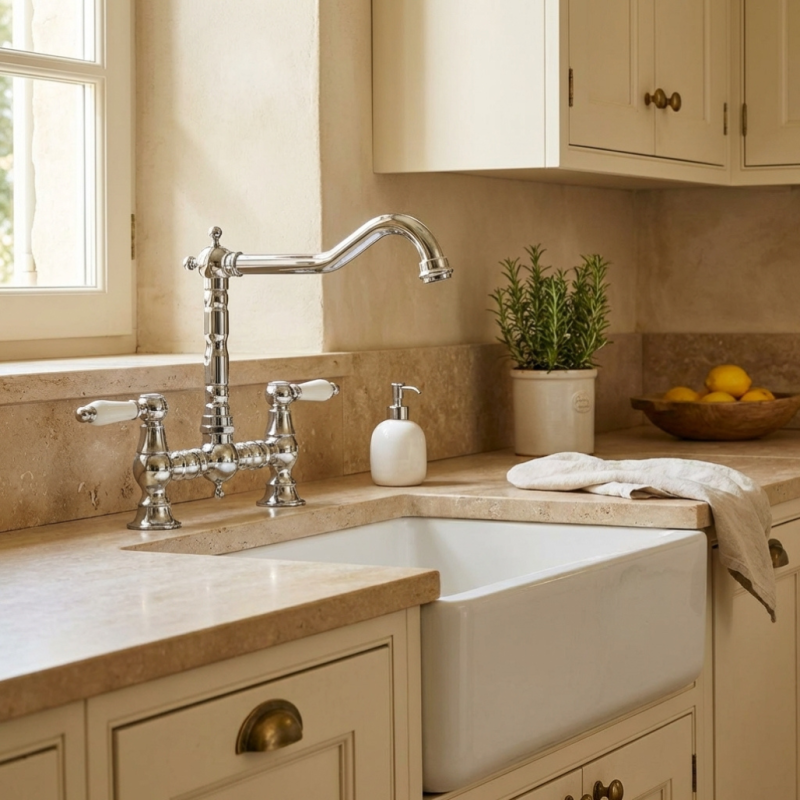 Aquanello Heritage Manor Klassinen keittiö Nostalginen silta Keittiöhanat Kromi ja valkoinen vipu CR-0010-HM