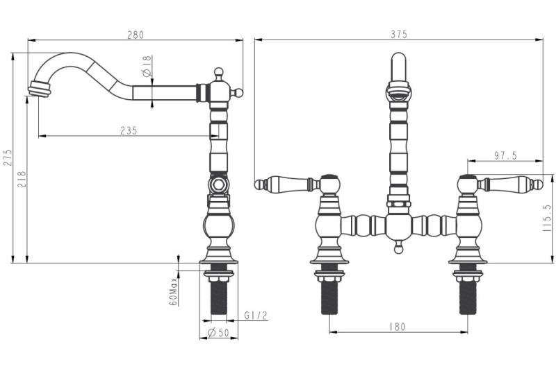 Aquanello Heritage Manor Klassinen keittiö, nostalginen silta-hanamalli, ruostumaton teräs, valkoinen vipu, NB-0010-HM