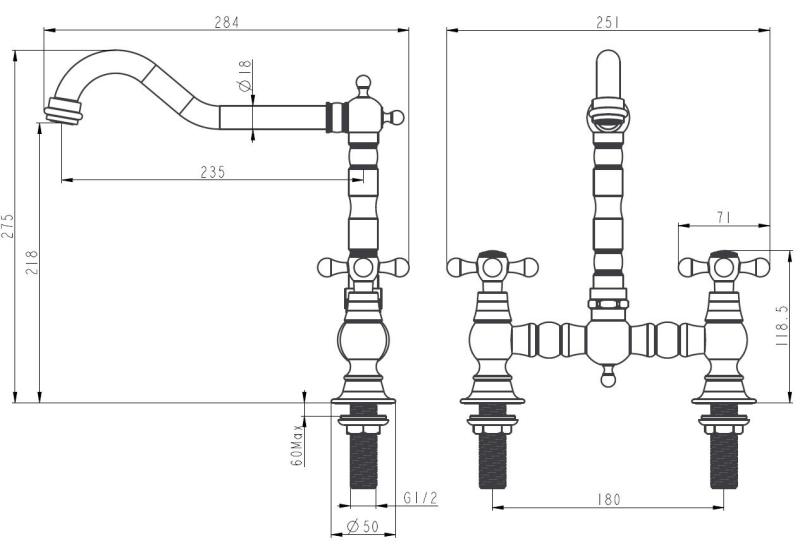 Aquanello Heritage Ascot Klassinen keittiö, nostalginen silta-hanamalli, musta, ristivipuvivulla, BL-4001-HA