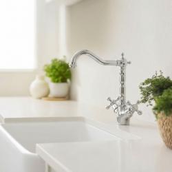 Aquanello Heritage Ascot Klassinen keittiö Nostalginen keittiöhanan kromi, kulmikas juoksuputki CR-4002-HA