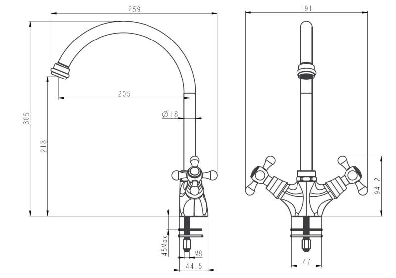 Aquanello Heritage Ascot Klassinen keittiö Nostalginen keittiöhanan kromi pyöreällä suuttimella CR-4003-HA