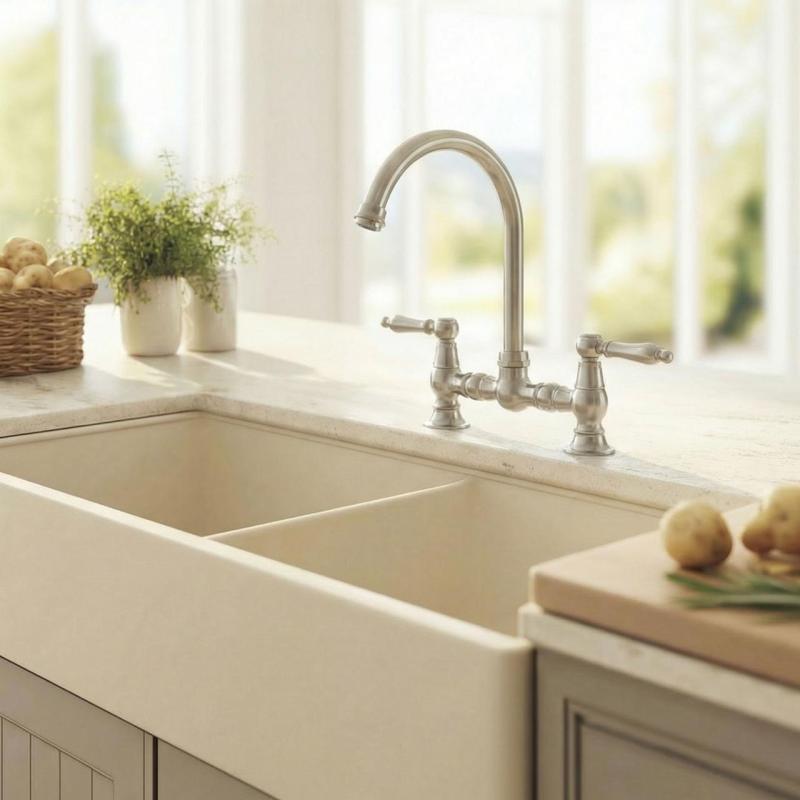 Aquanello Heritage Manor Klassinen keittiö: nostalginen silta-hanamalli, kromi, valkoisella vivulla ja pyöreällä suuttimella CR-0011-HM