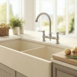 Aquanello Heritage Manor Klassinen keittiö Nostalginen silta Keittiöhanat Ruostumaton teräs, valkoinen vipu ja pyöreä juoksuputki NB-0011-HM