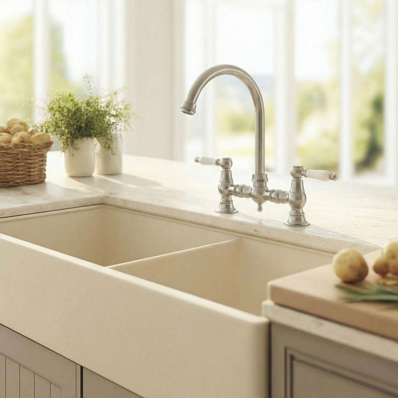 Aquanello Heritage Manor Klassinen keittiö Nostalginen silta Keittiöhanat Ruostumaton teräs, valkoinen vipu ja pyöreä juoksuputki NB-0011-HM