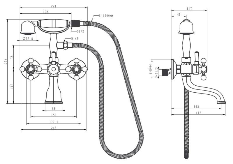 Aquanello Heritage Ascot Klassinen seinäasennettava kylpyhuonehanat, pronssiset tähtikahvat, käsisuihku BN-3002-HA