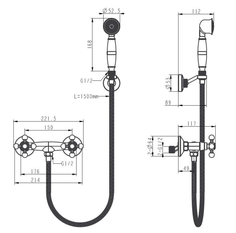 Aquanello Heritage Ascot Klassinen seinäasennettava suihkuhanasarja tähtikahvoilla, kromi, käsisuihku mukaan lukien CR-2002-HA