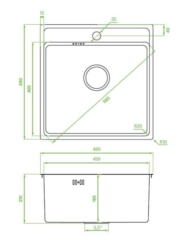 Aquadesign Plana Ruostumaton teräs, uppoasennettava pesuallas 48 x 49 cm, hananreikä, mukaan lukien sifoni ja Clickclack-tyhjennystulppa 1208972559